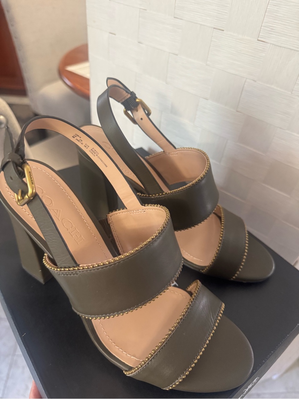 COACH Beadchain Olive Green Leather Slingback Sandals with Gold Stud Trim